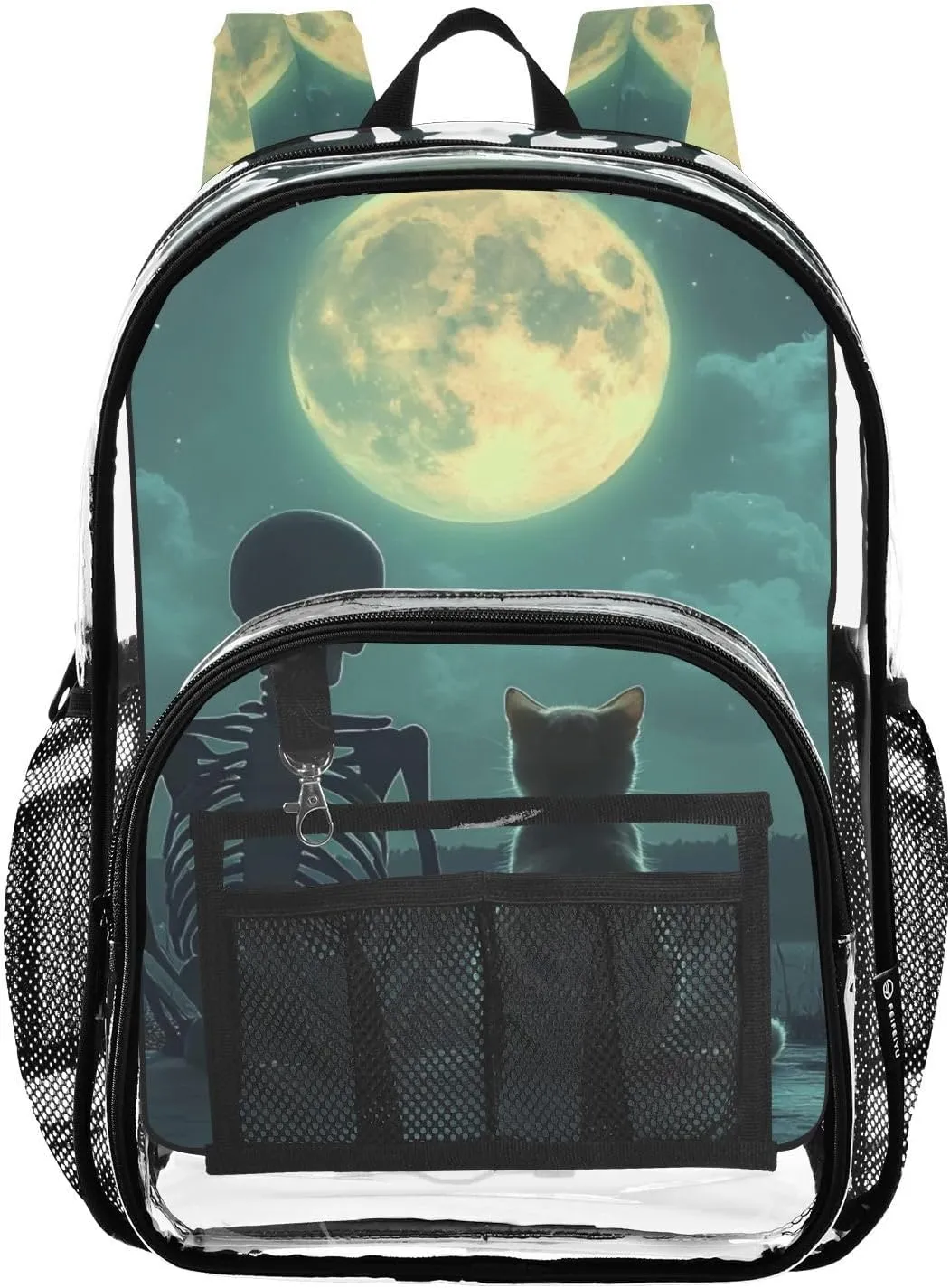 Skeleton Cat Watch Moon Clear Backpack, Heavy Duty PVC Transparent Backpacks, See Through Multiple Pockets Bookbag for Women Concert Sport Venues Work Travel