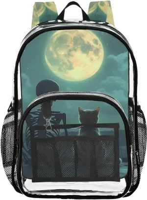 Skeleton Cat Watch Moon Clear Backpack, Heavy Duty PVC Transparent Backpacks, See Through Multiple Pockets Bookbag for Women Concert Sport Venues Work Travel