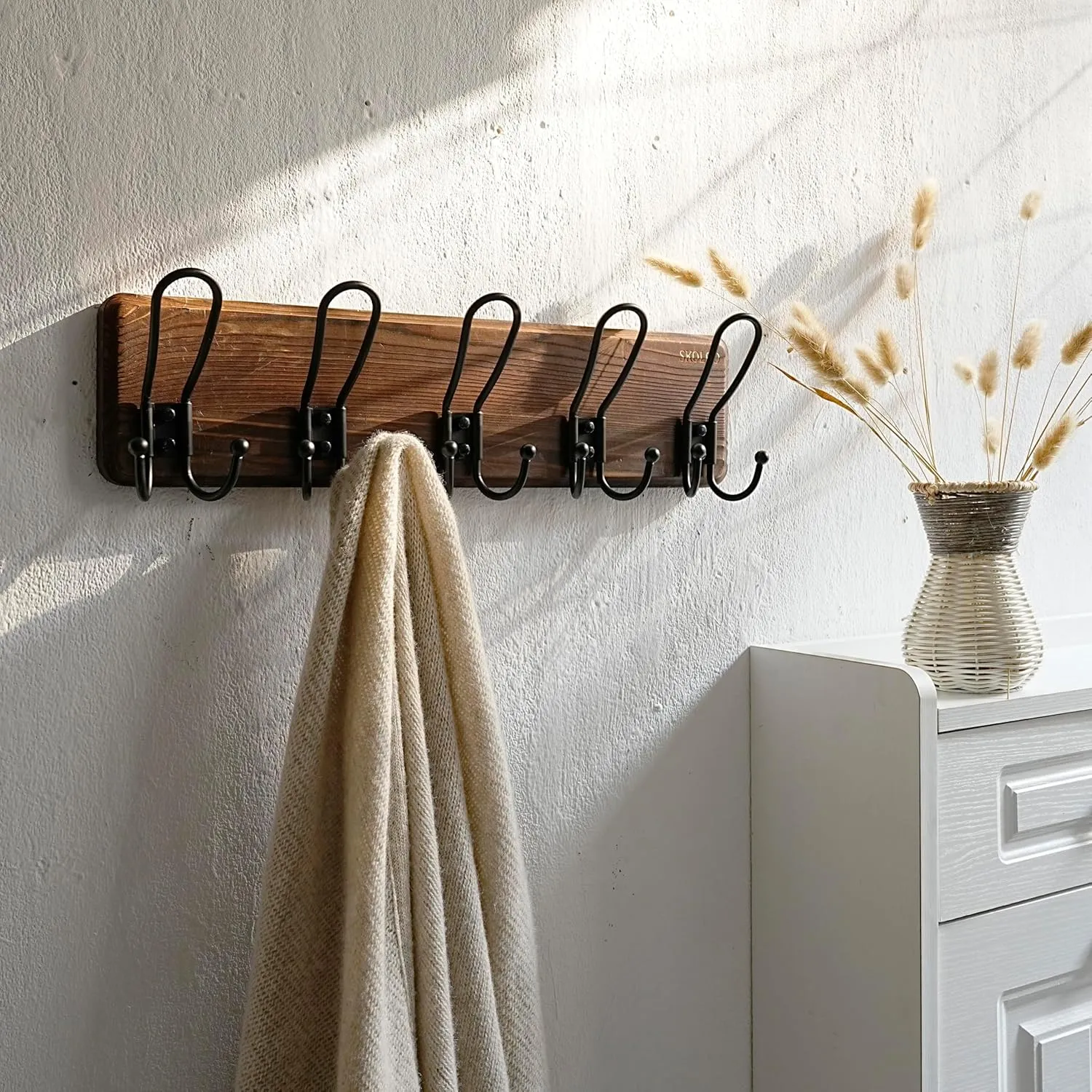 SKOLOO Sturdy Coat Rack Wall Mount with 5 Triple Hangers - Ideal for Heavy Bags, Jackets, and Coats - No Assembly Required - Durable Iron Design - Perfect for Porche, Mudroom, and Entrance, Brown