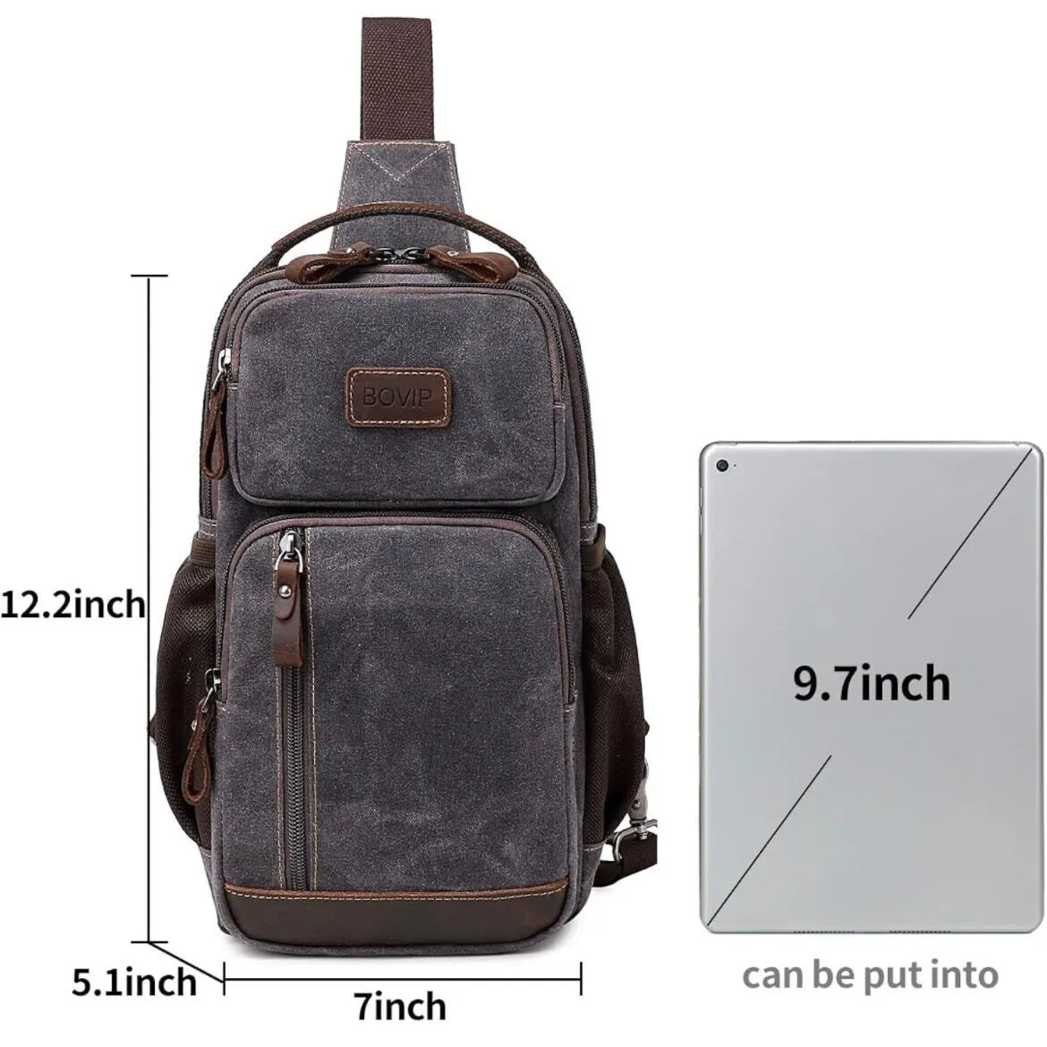 Small Tube Feed Crossbody Bag | Waxed Canvas | Dark Grey with Brown Accents, 12” For Enteralite Infinity Pump