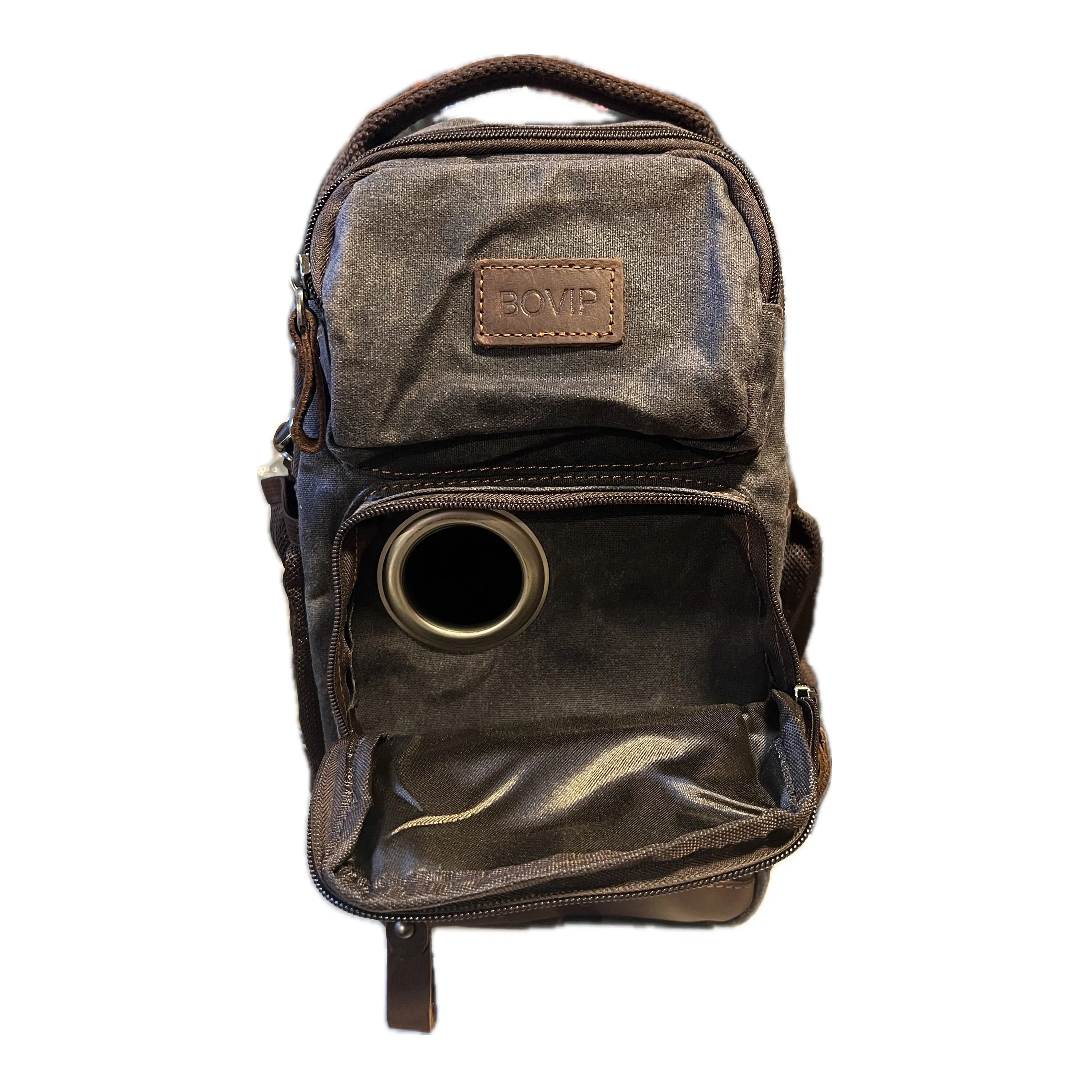 Small Tube Feed Crossbody Bag | Waxed Canvas | Dark Grey with Brown Accents, 12” For Enteralite Infinity Pump