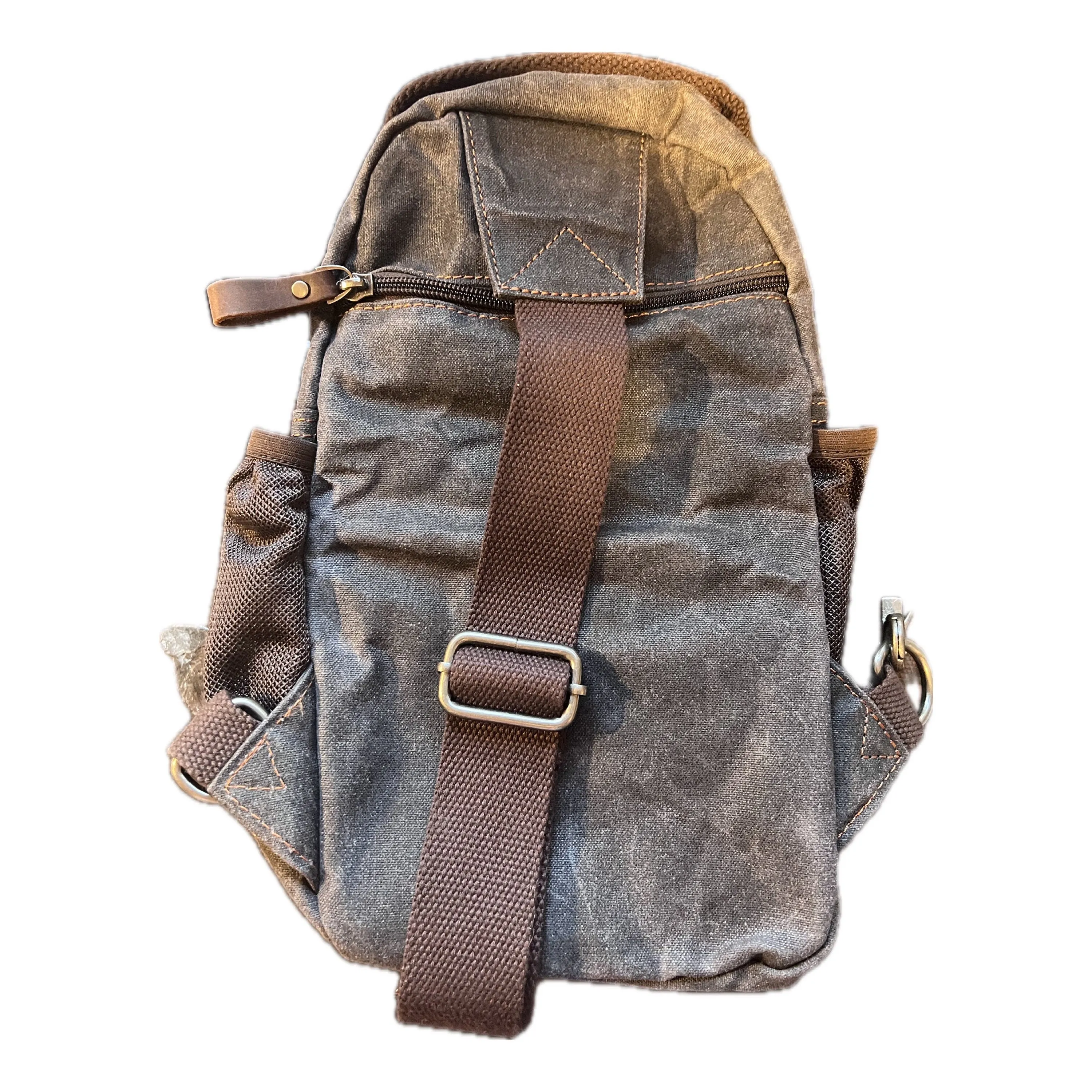 Small Tube Feed Crossbody Bag | Waxed Canvas | Dark Grey with Brown Accents, 12” For Enteralite Infinity Pump