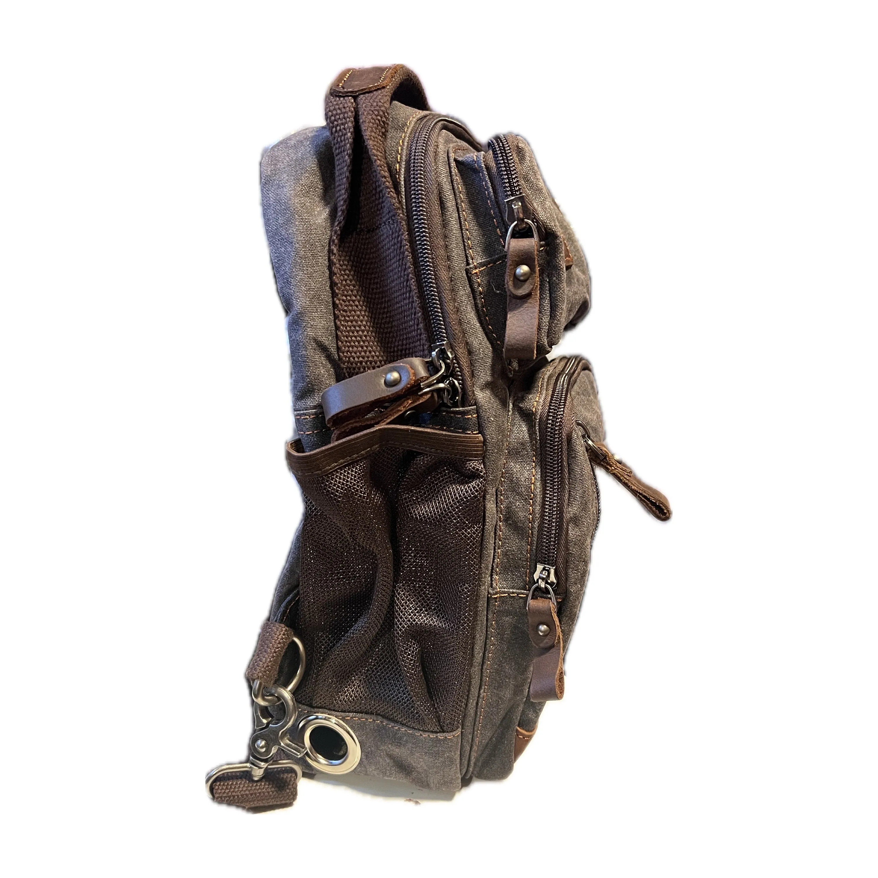 Small Tube Feed Crossbody Bag | Waxed Canvas | Dark Grey with Brown Accents, 12” For Enteralite Infinity Pump
