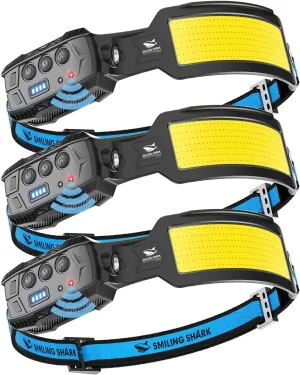 Smiling Shark Headlamp, 3 Pack Head Lamps Led Rechargeable 6 Modes 7*White Lights 270° Lighting Width Motion Sensor Red Tail Light for Camping Fishing Repairation, LED-Headlamp-Rechargeable-Light