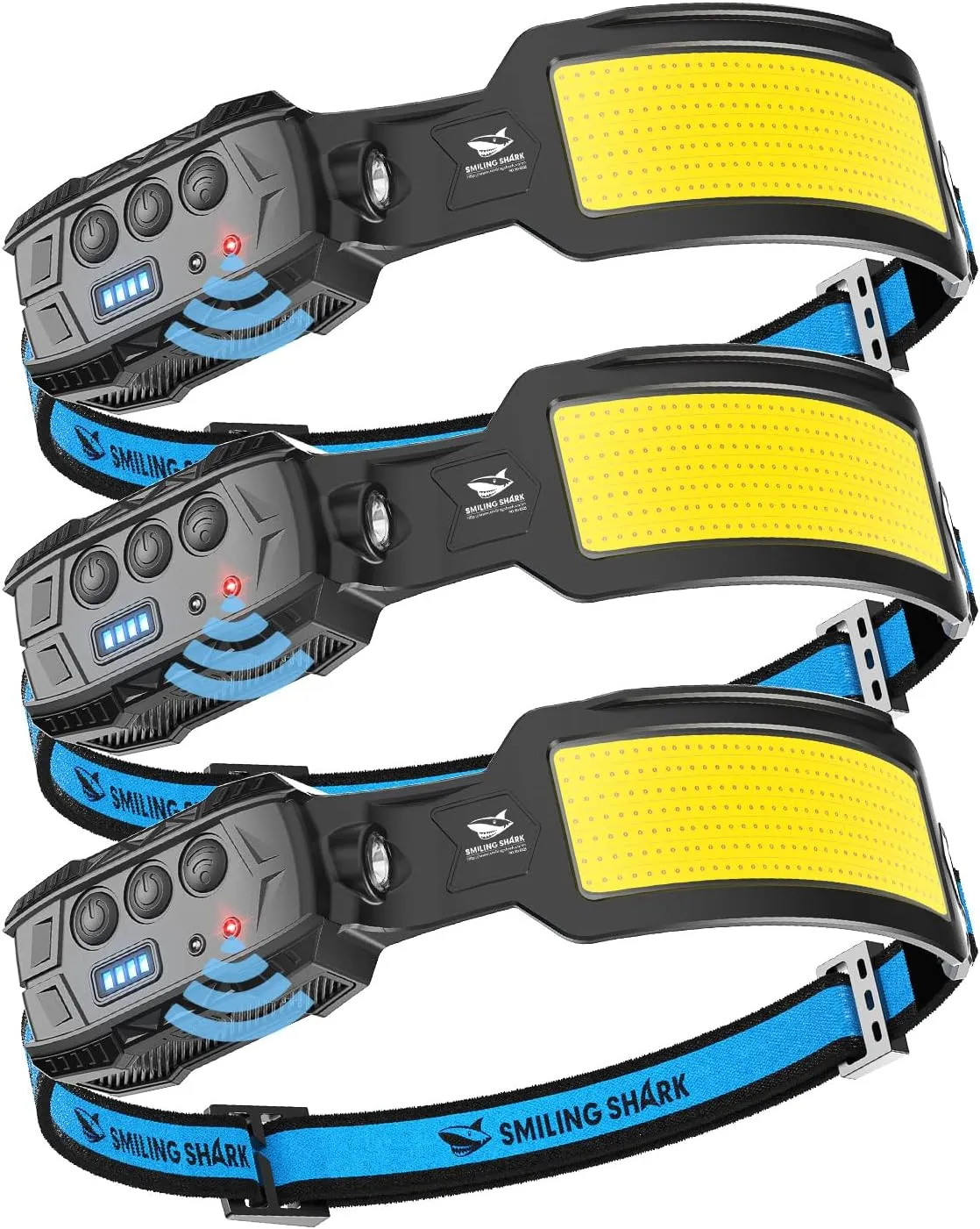 Smiling Shark Headlamp, 3 Pack Head Lamps Led Rechargeable 6 Modes 7*White Lights 270° Lighting Width Motion Sensor Red Tail Light for Camping Fishing Repairation, LED-Headlamp-Rechargeable-Light