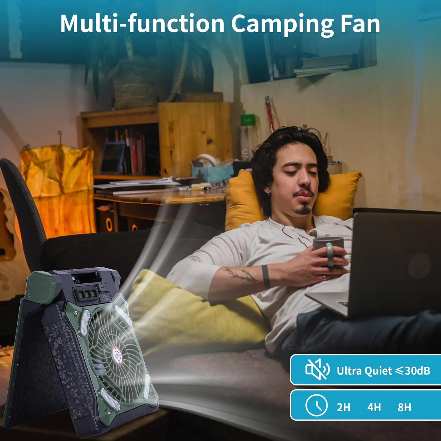 Solar Fan Battery Powered Rechargeable Solar Camping Fan with Led Lantern & Power Bank Foldable Angle USB Personal Fans for Travel Outdoor Camping Tents X98 Green