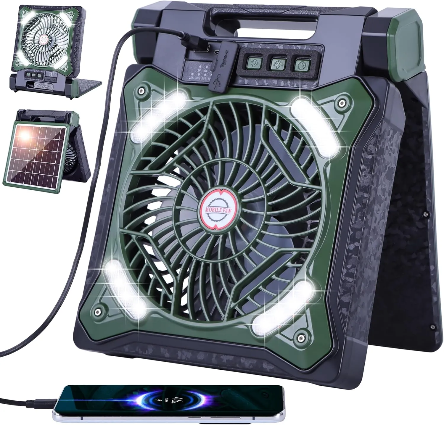 Solar Fan Battery Powered Rechargeable Solar Camping Fan with Led Lantern & Power Bank Foldable Angle USB Personal Fans for Travel Outdoor Camping Tents X98 Green
