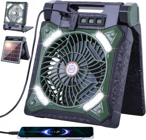Solar Fan Battery Powered Rechargeable Solar Camping Fan with Led Lantern & Power Bank Foldable Angle USB Personal Fans for Travel Outdoor Camping Tents X98 Green