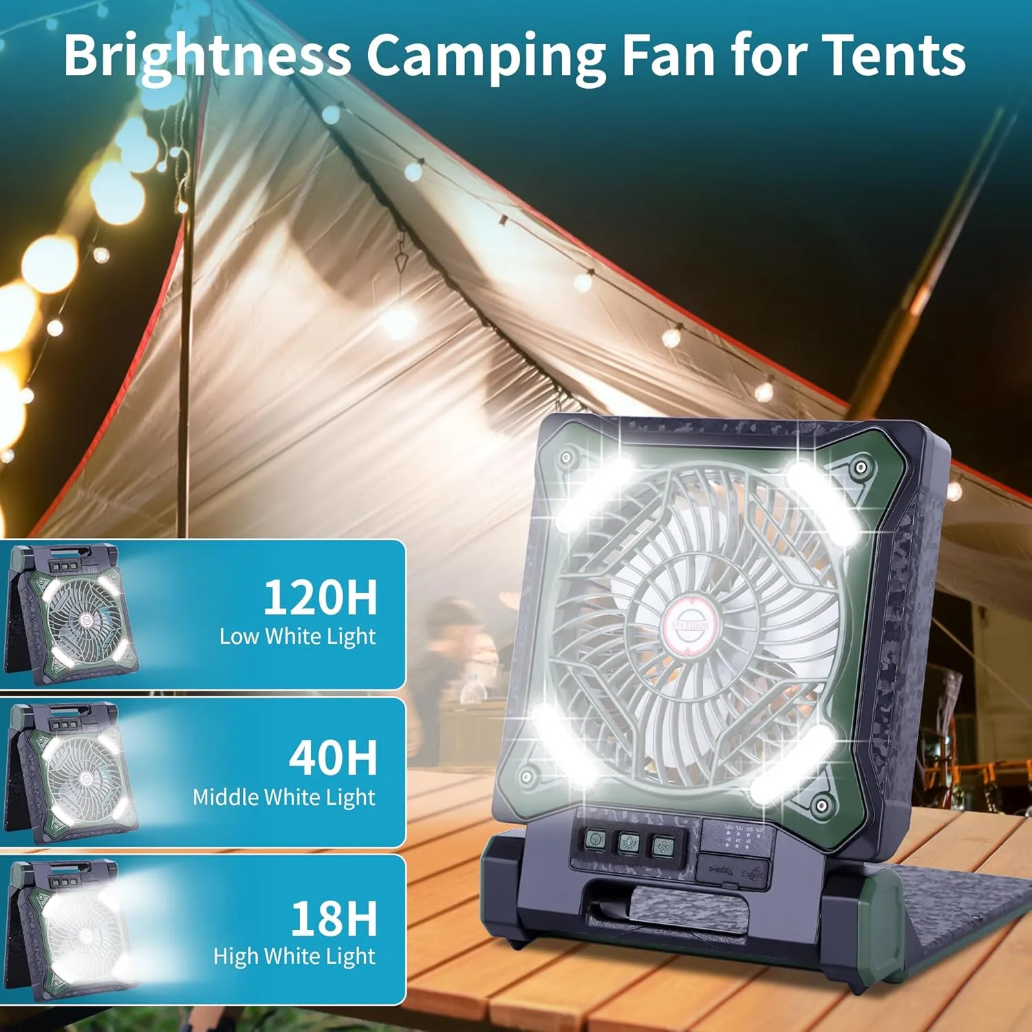 Solar Fan Battery Powered Rechargeable Solar Camping Fan with Led Lantern & Power Bank Foldable Angle USB Personal Fans for Travel Outdoor Camping Tents X98 Green