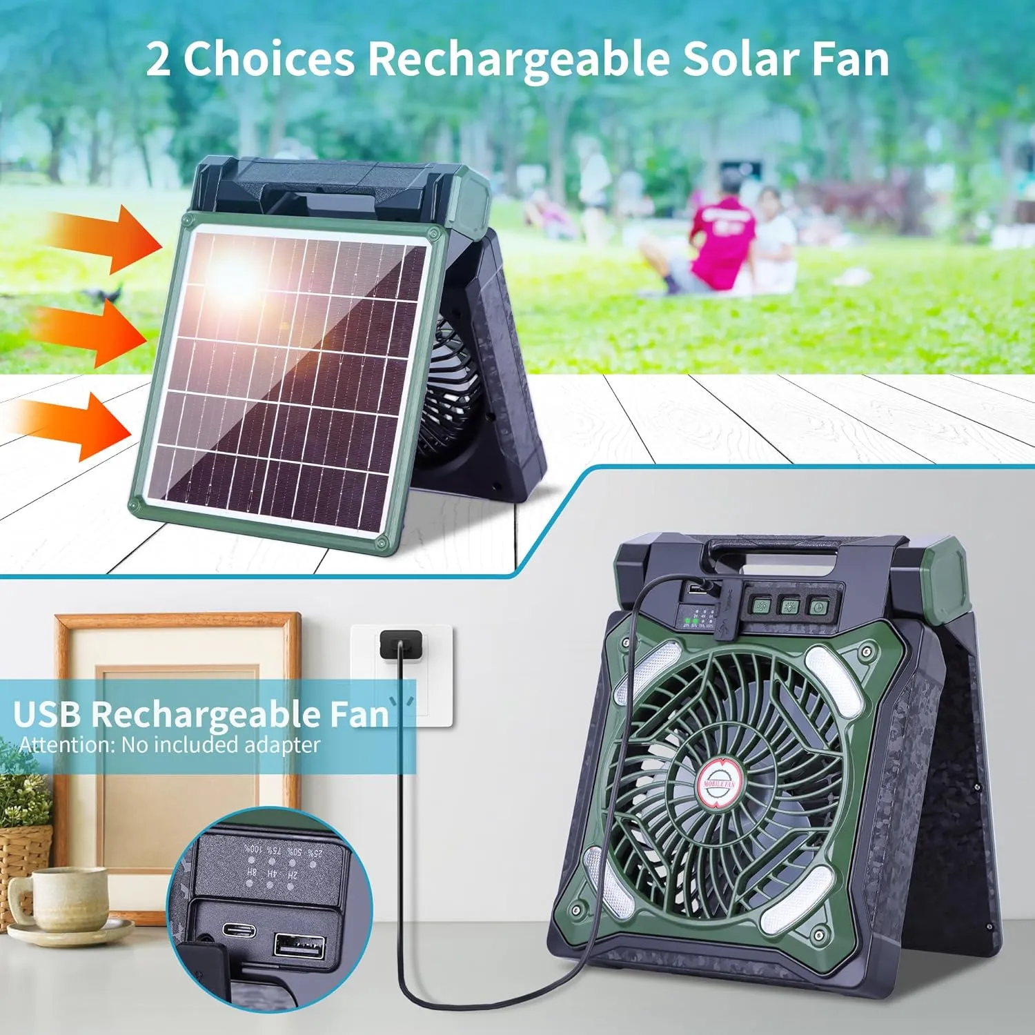 Solar Fan Battery Powered Rechargeable Solar Camping Fan with Led Lantern & Power Bank Foldable Angle USB Personal Fans for Travel Outdoor Camping Tents X98 Green