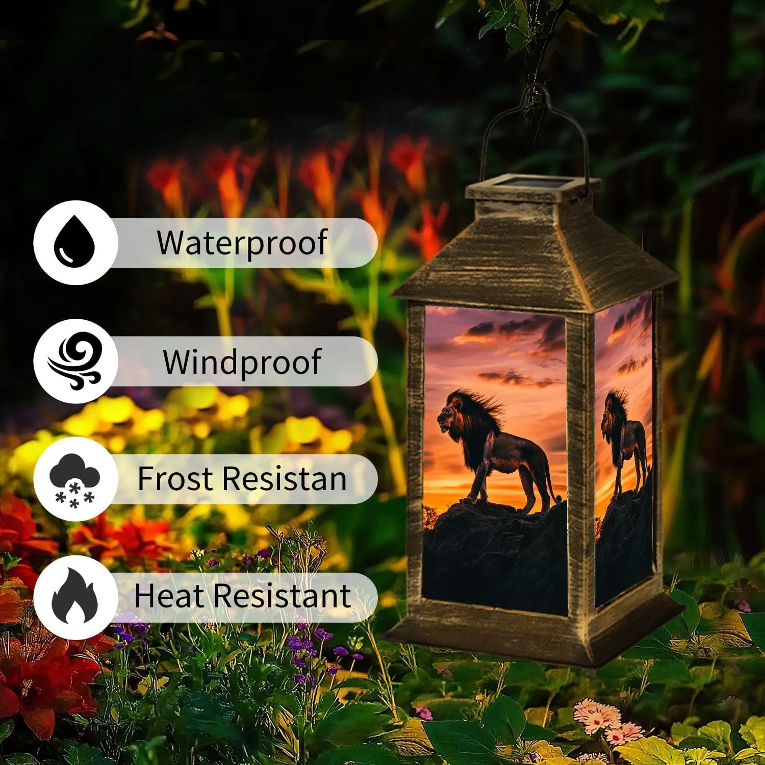 Solar Lantern Sunset Lion Silhouette Dramatic Wall Decor Outdoor Waterproof Garden Hanging Lantern Solar Powered Lighting Outside Table Lamp for Patio Deck Camping 1 Pack