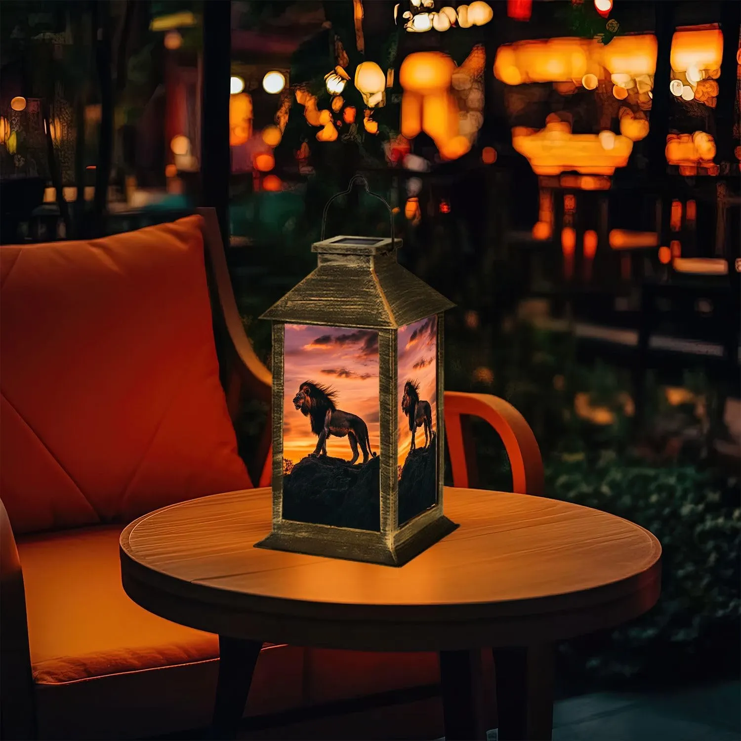 Solar Lantern Sunset Lion Silhouette Dramatic Wall Decor Outdoor Waterproof Garden Hanging Lantern Solar Powered Lighting Outside Table Lamp for Patio Deck Camping 1 Pack