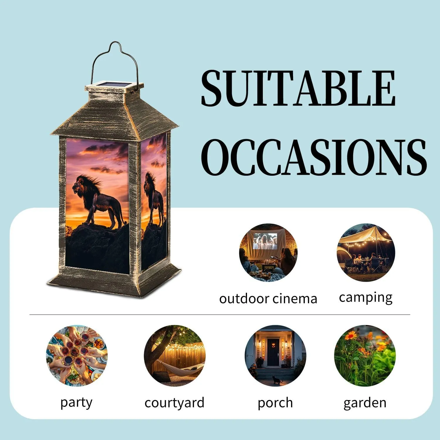 Solar Lantern Sunset Lion Silhouette Dramatic Wall Decor Outdoor Waterproof Garden Hanging Lantern Solar Powered Lighting Outside Table Lamp for Patio Deck Camping 1 Pack