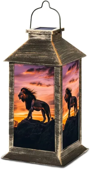 Solar Lantern Sunset Lion Silhouette Dramatic Wall Decor Outdoor Waterproof Garden Hanging Lantern Solar Powered Lighting Outside Table Lamp for Patio Deck Camping 1 Pack
