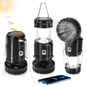 solar rechargeable camping lantern with fan and USB charger