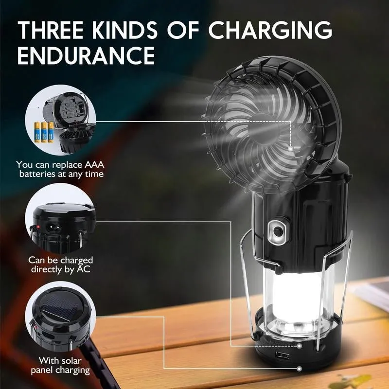solar rechargeable camping lantern with fan and USB charger