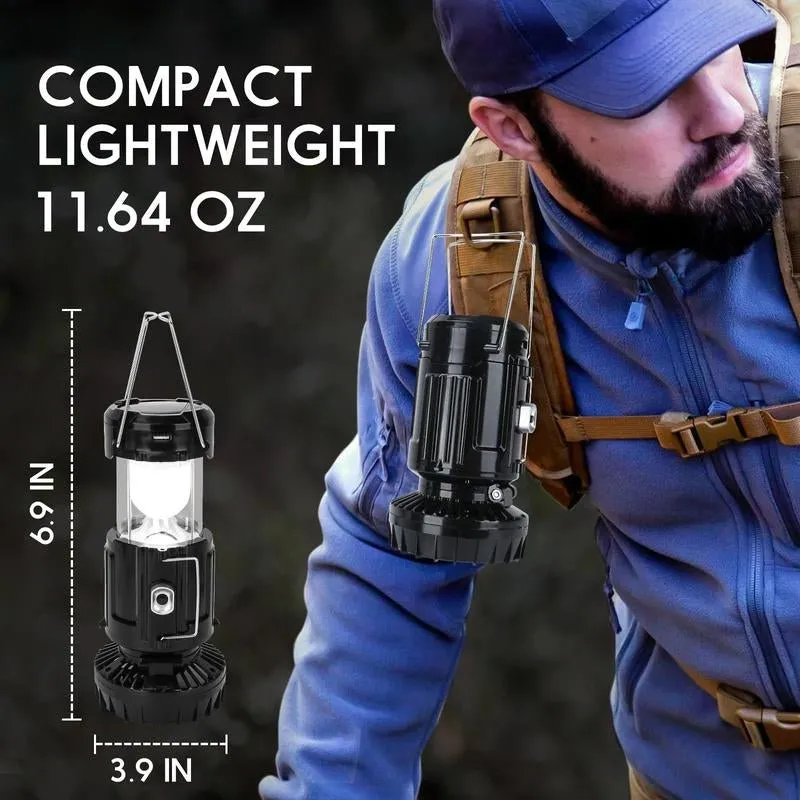 solar rechargeable camping lantern with fan and USB charger