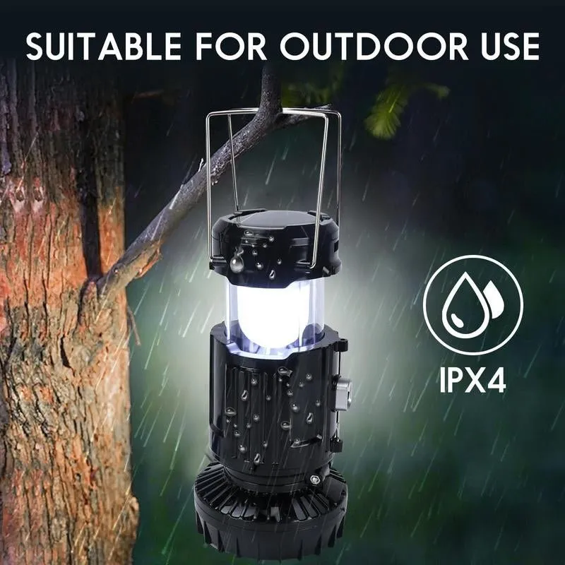 solar rechargeable camping lantern with fan and USB charger