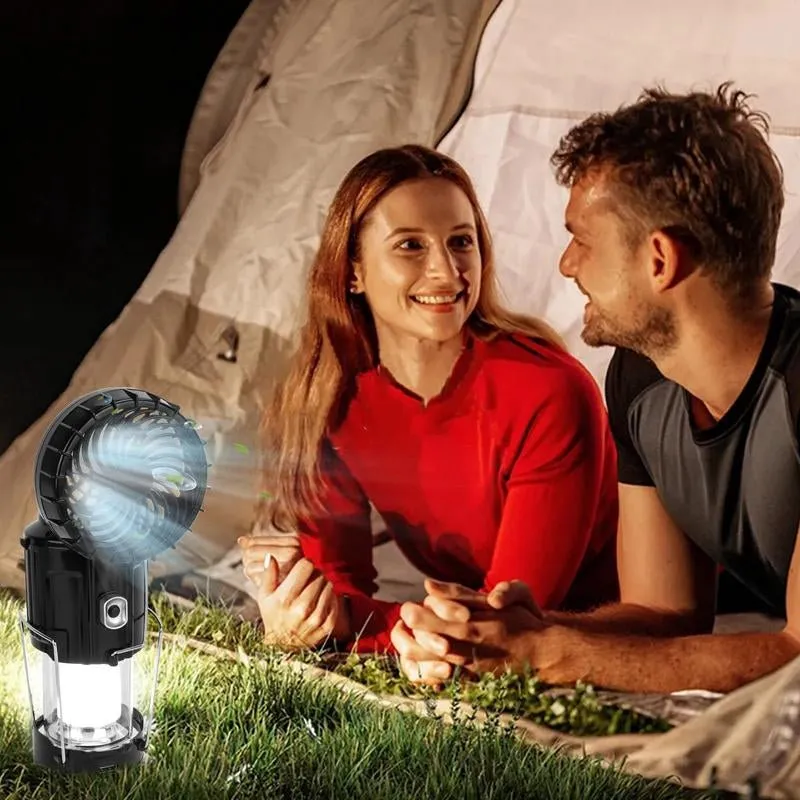 solar rechargeable camping lantern with fan and USB charger
