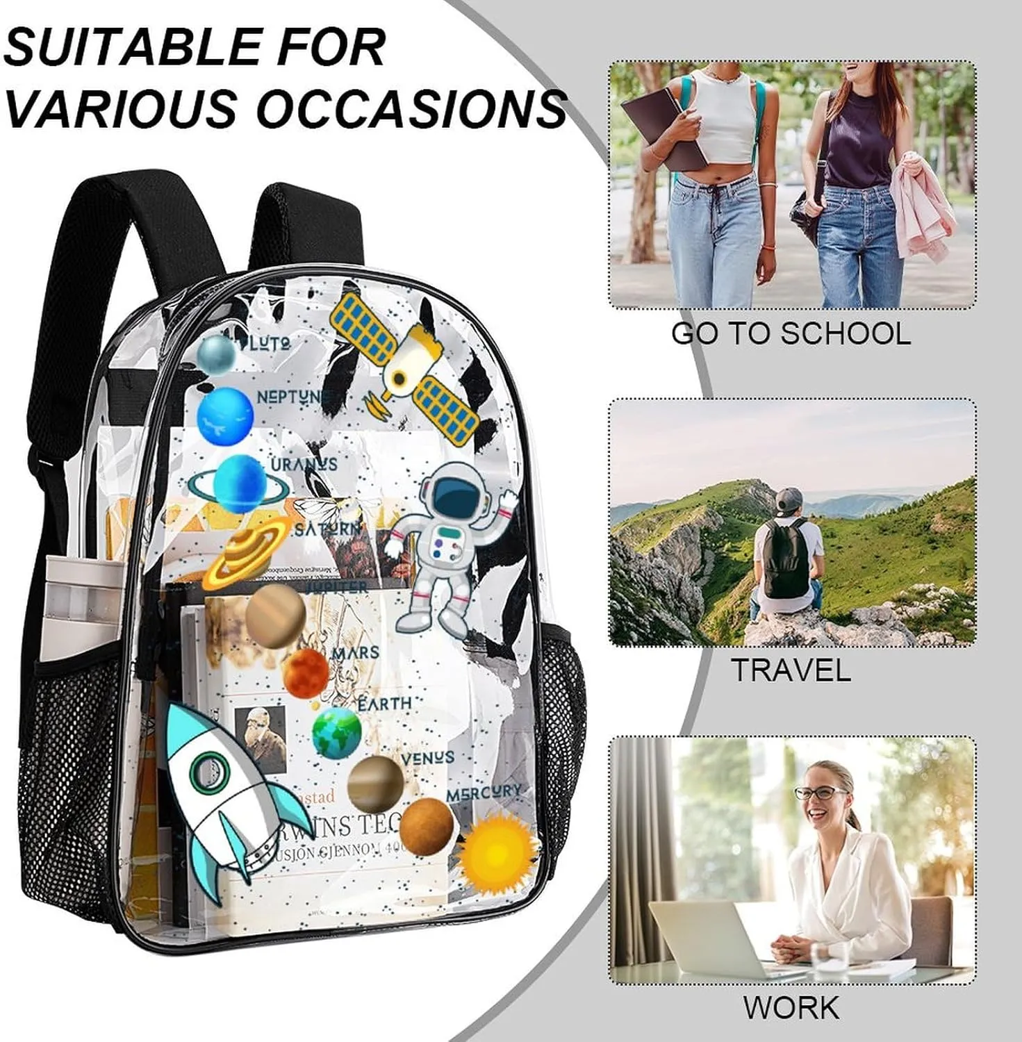 Solar System Clear Backpack Heavy Duty for Girls Kids Boys Women Men - Large Cute PVC Planets Theme Printing Transparent Backpacks for Schools Stadium Concerts Work - Clear/Black