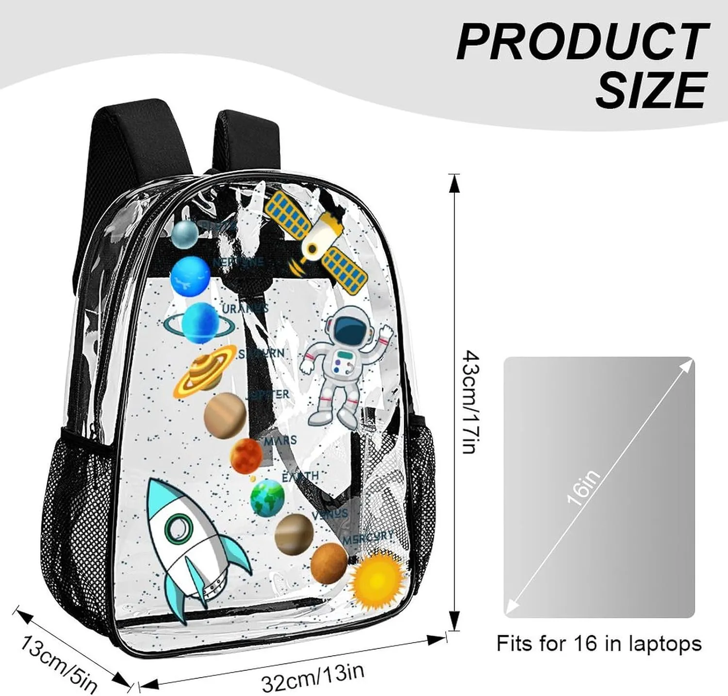 Solar System Clear Backpack Heavy Duty for Girls Kids Boys Women Men - Large Cute PVC Planets Theme Printing Transparent Backpacks for Schools Stadium Concerts Work - Clear/Black
