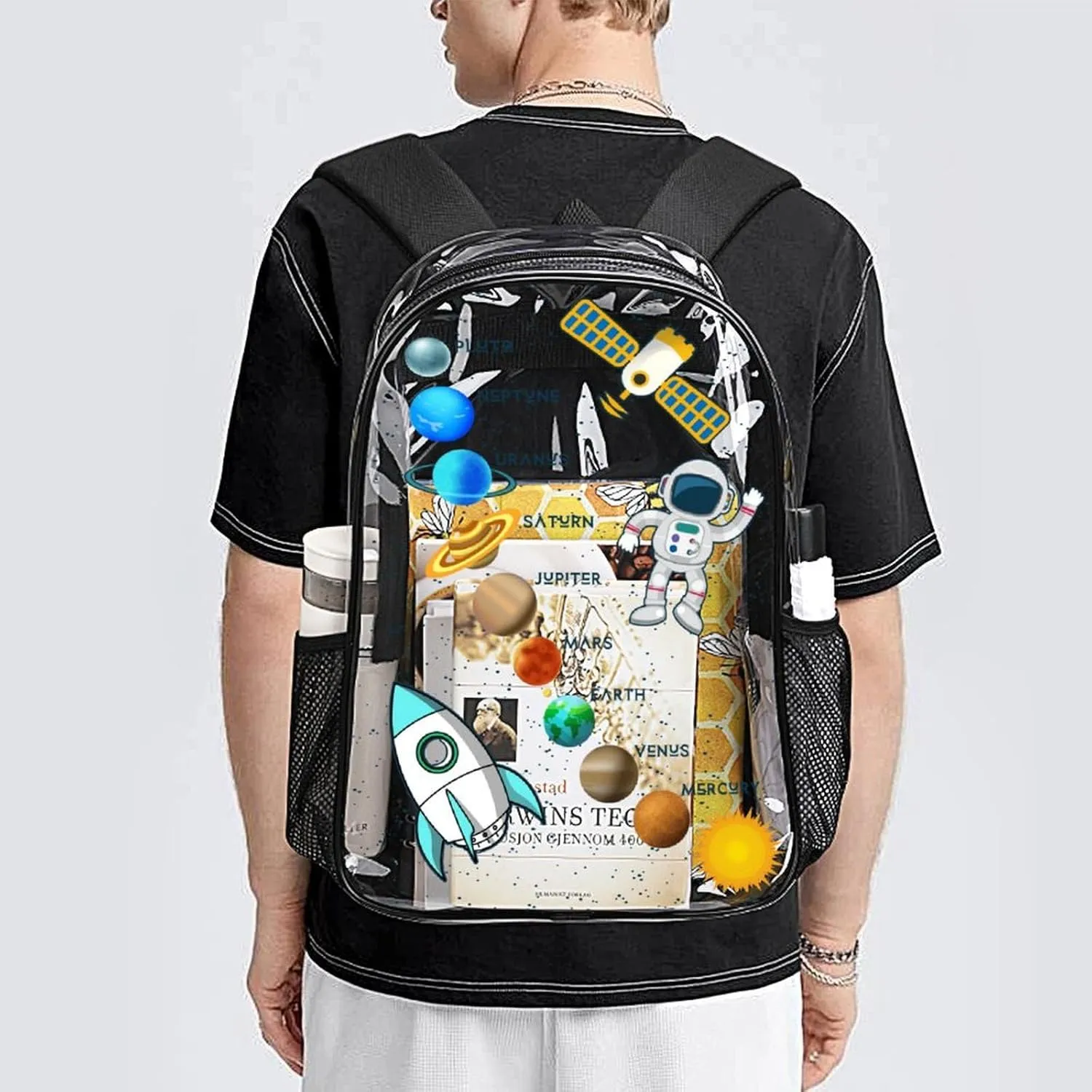 Solar System Clear Backpack Heavy Duty for Girls Kids Boys Women Men - Large Cute PVC Planets Theme Printing Transparent Backpacks for Schools Stadium Concerts Work - Clear/Black
