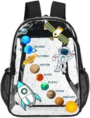 Solar System Clear Backpack Heavy Duty for Girls Kids Boys Women Men - Large Cute PVC Planets Theme Printing Transparent Backpacks for Schools Stadium Concerts Work - Clear/Black