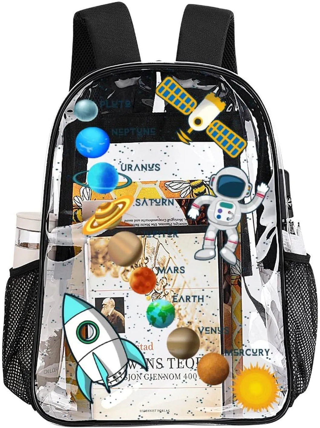 Solar System Clear Backpack Heavy Duty for Girls Kids Boys Women Men - Large Cute PVC Planets Theme Printing Transparent Backpacks for Schools Stadium Concerts Work - Clear/Black