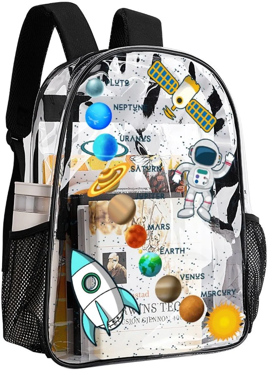 Solar System Clear Backpack Heavy Duty for Girls Kids Boys Women Men - Large Cute PVC Planets Theme Printing Transparent Backpacks for Schools Stadium Concerts Work - Clear/Black