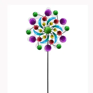 Solar Wind Spinners Outdoor, 60.6 Inch Metal Stake Garden Spinners Decor, Wind Spinner for Yard and Garden with Solar Powered Multi-Color Glass Ball Light (Circle)