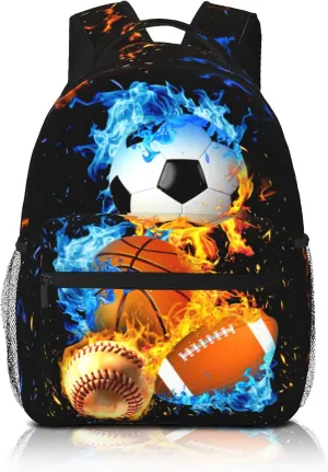 Sport Backpack Soccer Basketball Baseball Design with Cool Blue Flames Waterproof School Bag for Boys Girls Trendy Bookbag