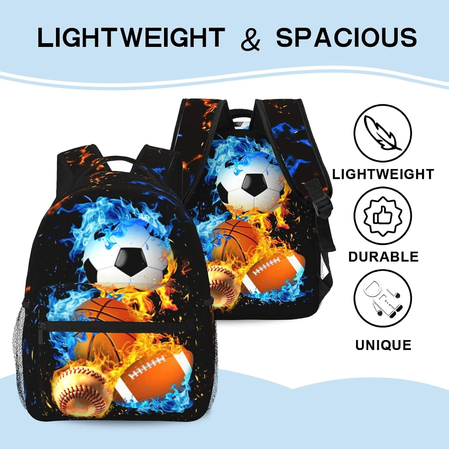 Sport Backpack Soccer Basketball Baseball Design with Cool Blue Flames Waterproof School Bag for Boys Girls Trendy Bookbag