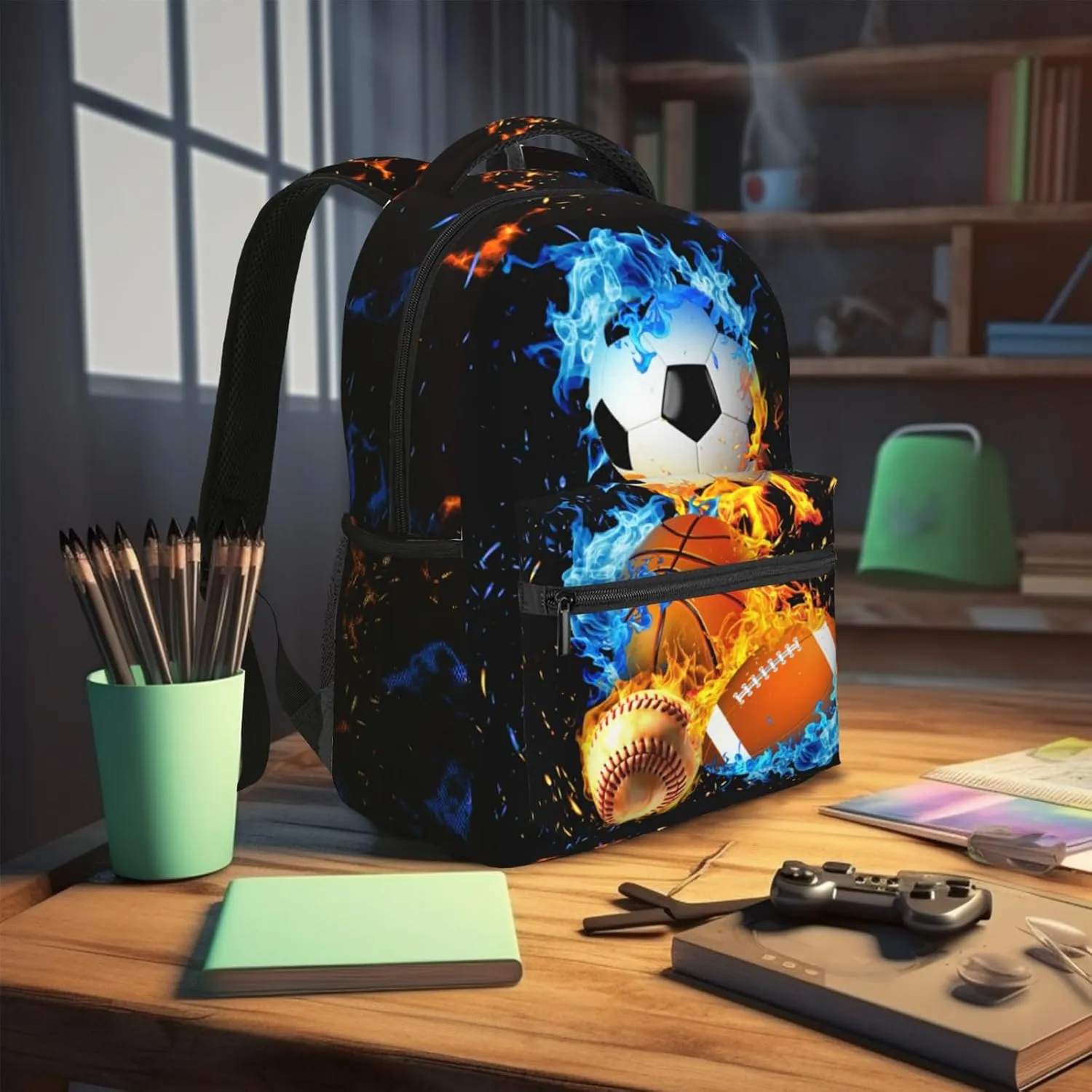 Sport Backpack Soccer Basketball Baseball Design with Cool Blue Flames Waterproof School Bag for Boys Girls Trendy Bookbag