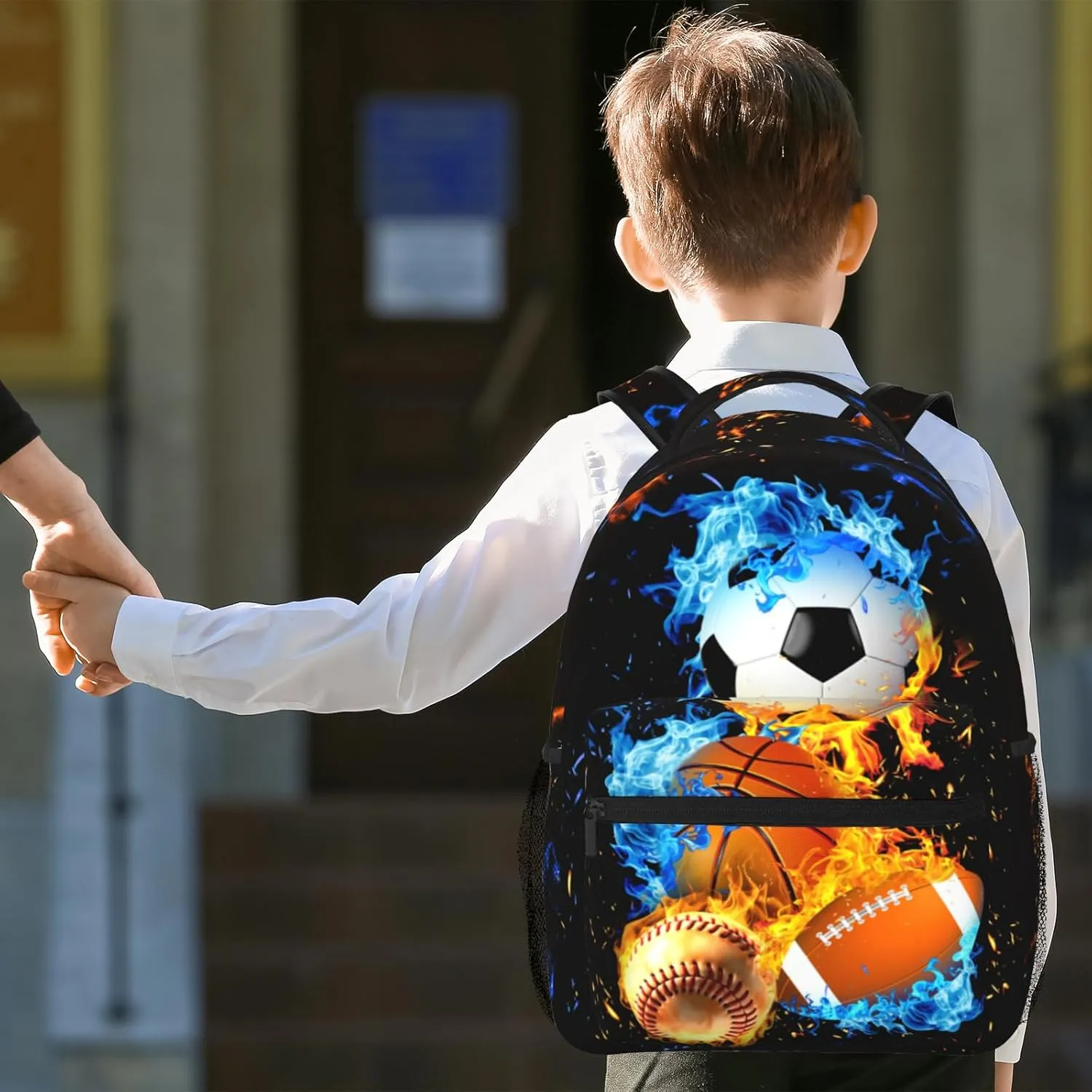 Sport Backpack Soccer Basketball Baseball Design with Cool Blue Flames Waterproof School Bag for Boys Girls Trendy Bookbag
