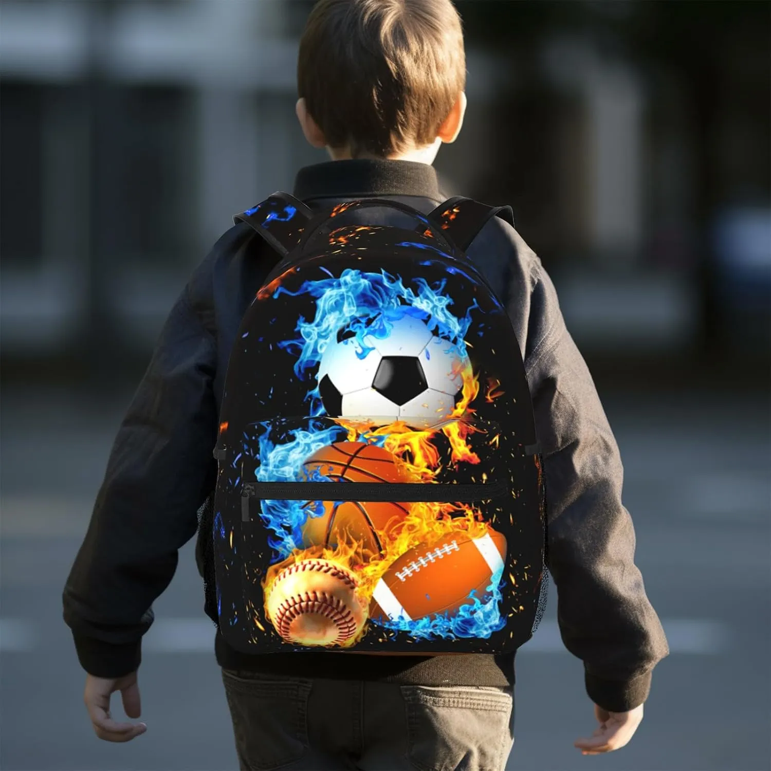 Sport Backpack Soccer Basketball Baseball Design with Cool Blue Flames Waterproof School Bag for Boys Girls Trendy Bookbag