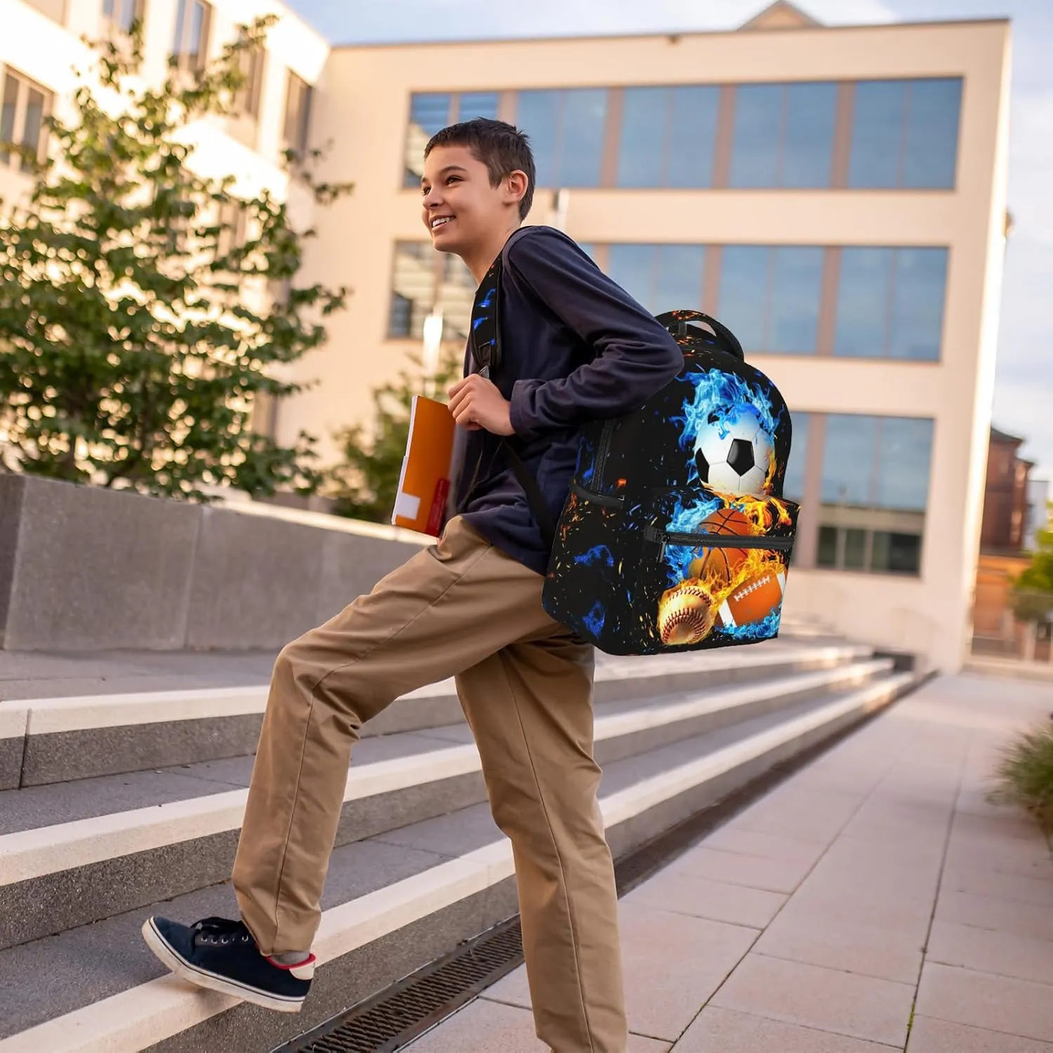 Sport Backpack Soccer Basketball Baseball Design with Cool Blue Flames Waterproof School Bag for Boys Girls Trendy Bookbag