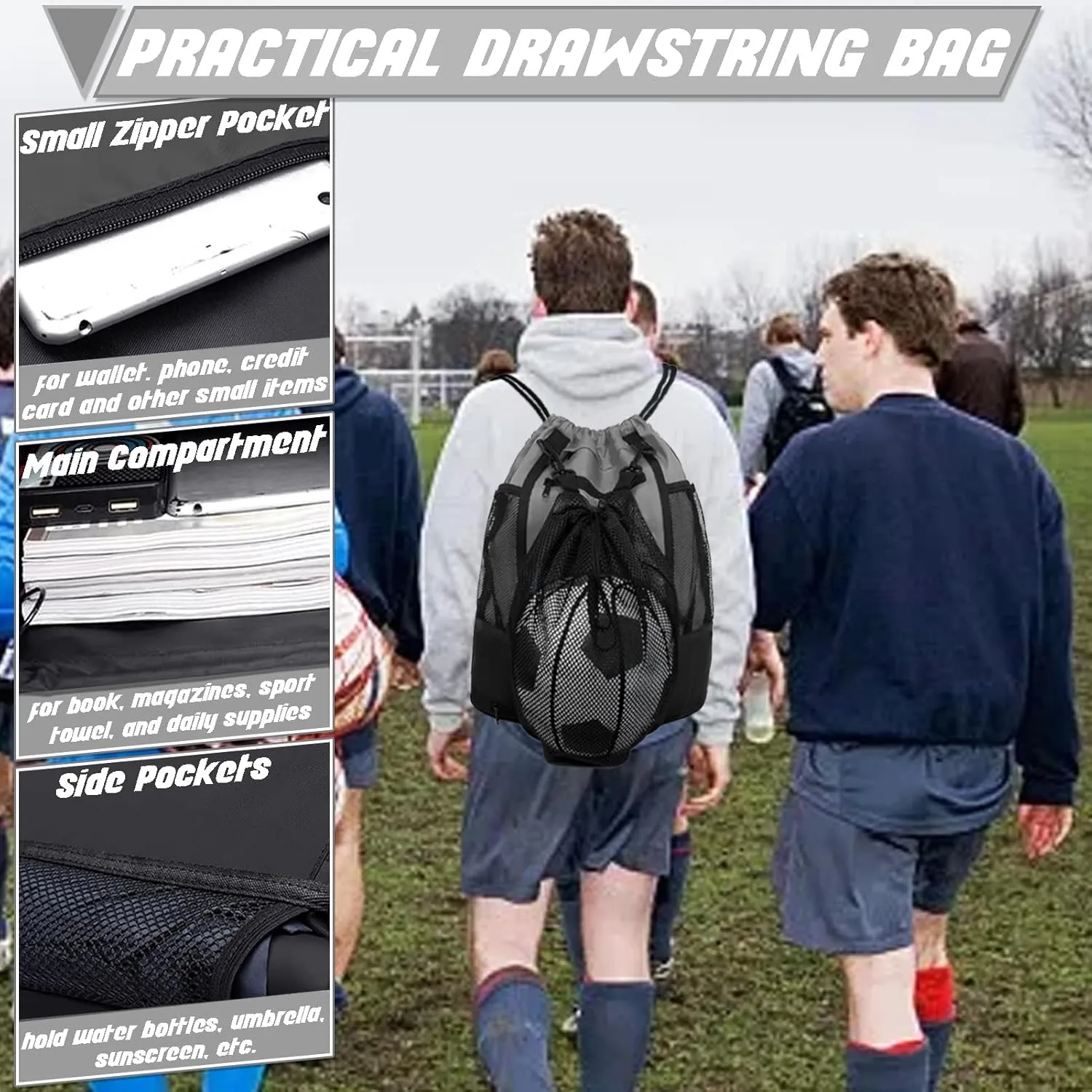 STAY GENT Drawstring Basketball Backpack for Boys, Foldable Soccer Backpack Gym Bag Sackpack Sports Sack with Detachable Ball Mesh Bag for Volleyball Baseball Yoga