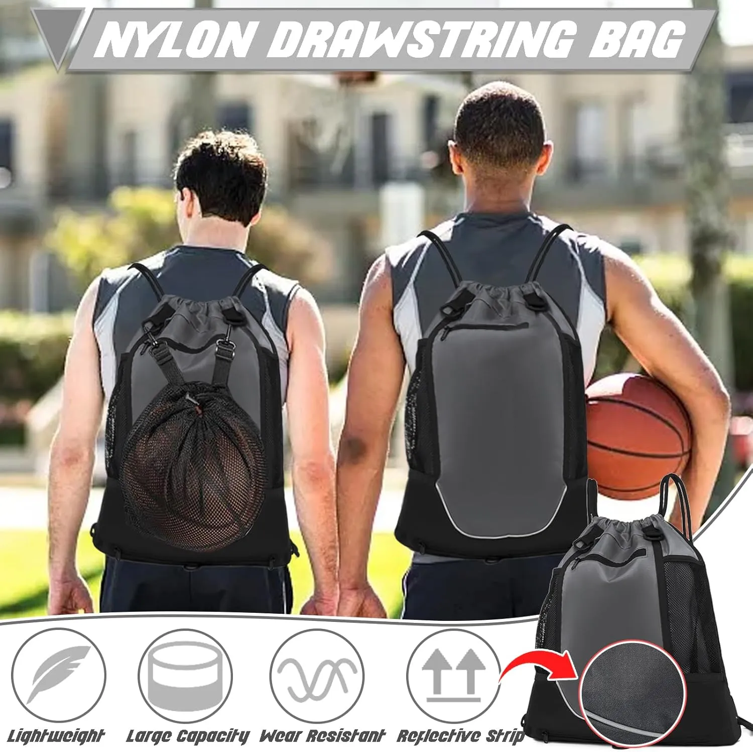 STAY GENT Drawstring Basketball Backpack for Boys, Foldable Soccer Backpack Gym Bag Sackpack Sports Sack with Detachable Ball Mesh Bag for Volleyball Baseball Yoga
