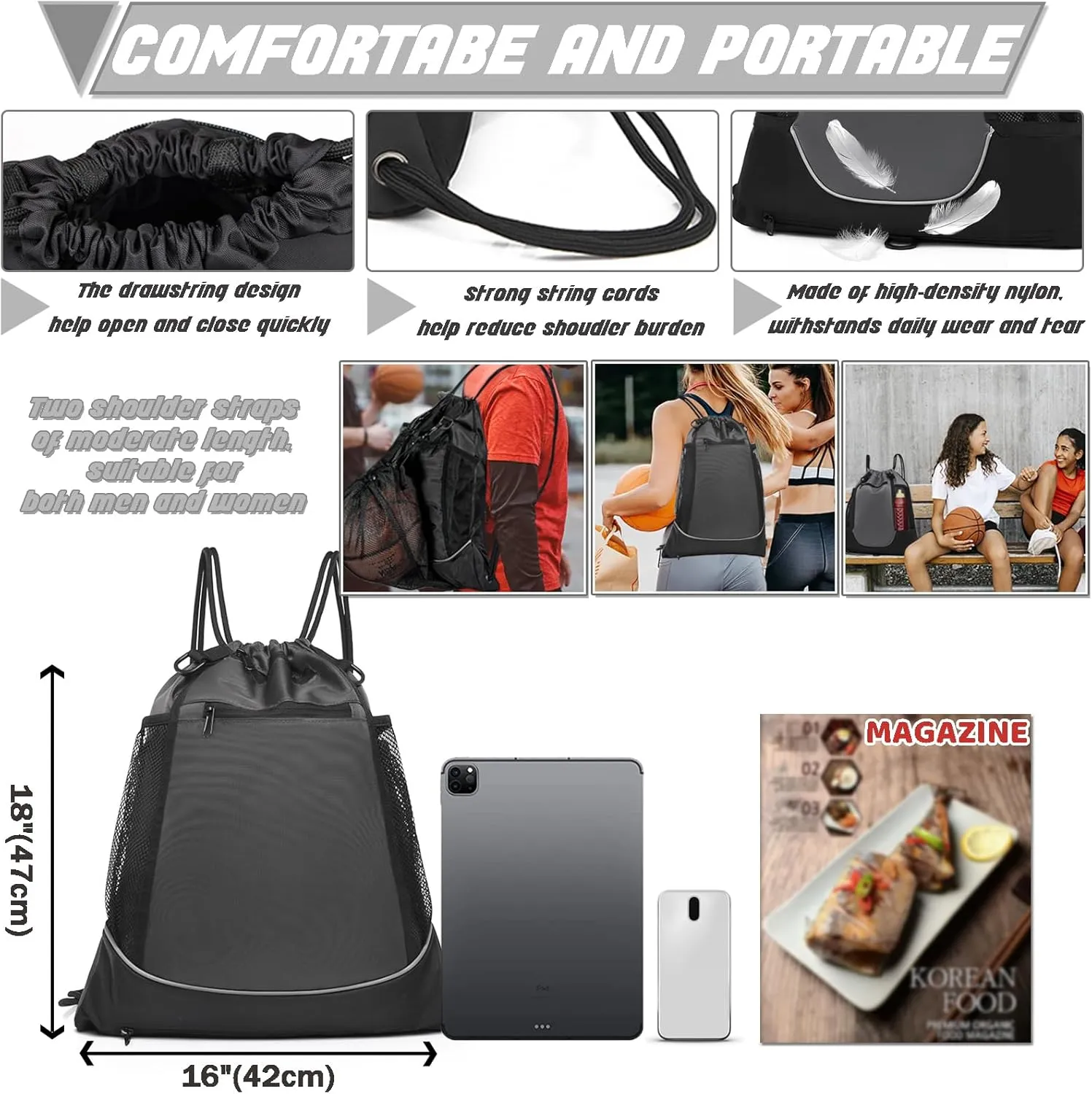 STAY GENT Drawstring Basketball Backpack for Boys, Foldable Soccer Backpack Gym Bag Sackpack Sports Sack with Detachable Ball Mesh Bag for Volleyball Baseball Yoga