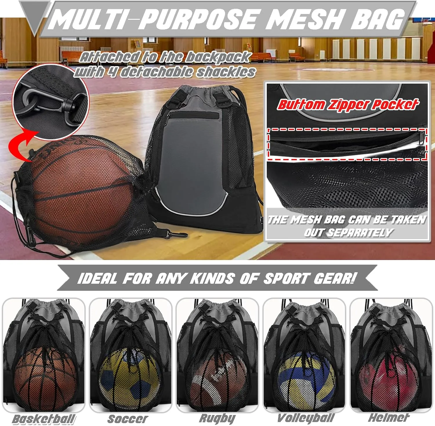 STAY GENT Drawstring Basketball Backpack for Boys, Foldable Soccer Backpack Gym Bag Sackpack Sports Sack with Detachable Ball Mesh Bag for Volleyball Baseball Yoga