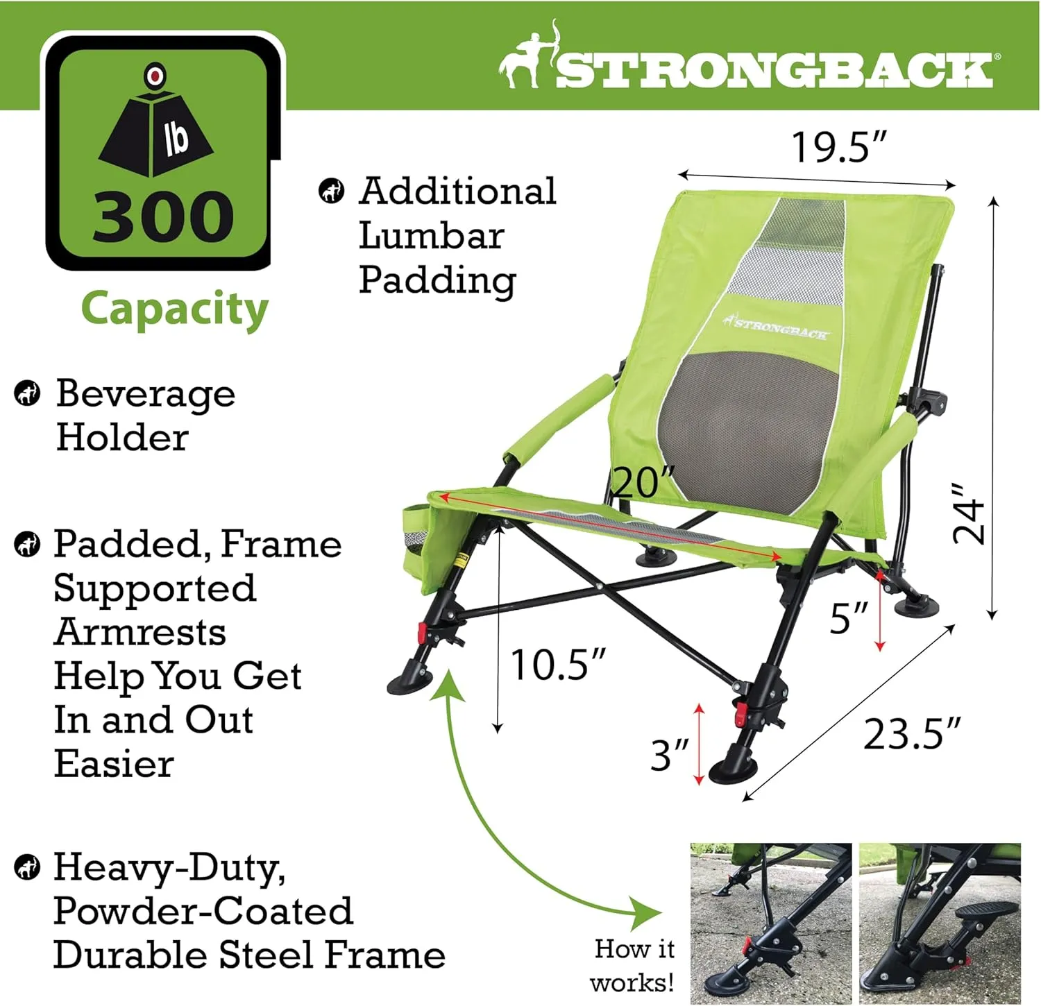 STRONGBACK Beach Chairs - Low Gravity Recliner Portable Beach Chair - with Built-in Lumbar Support, Heavy Duty Folding Beach Chairs, Great for Travel