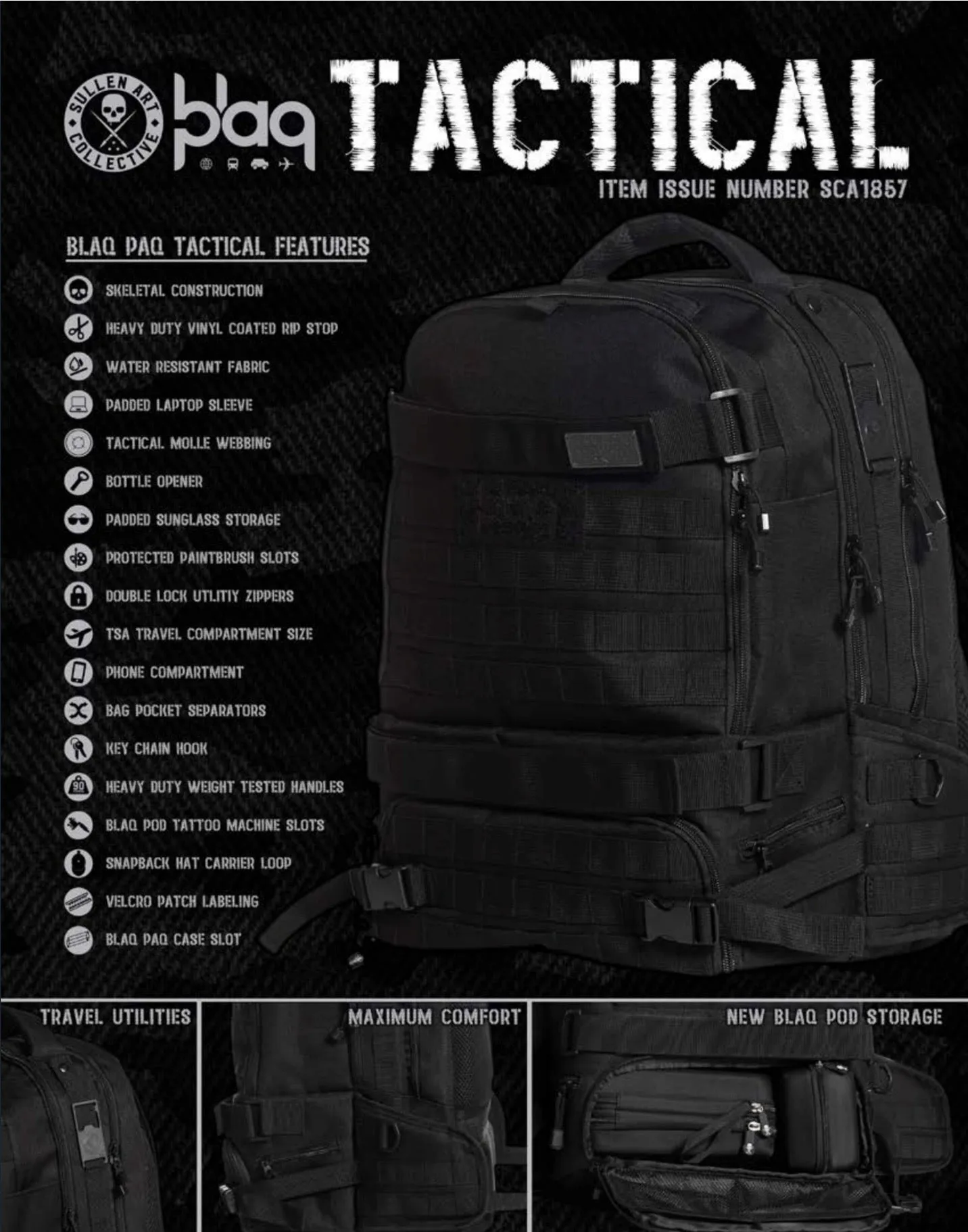 SULLEN CLOTHING BLAQ PAQ TACTICAL BLACK BACKPACK BAG