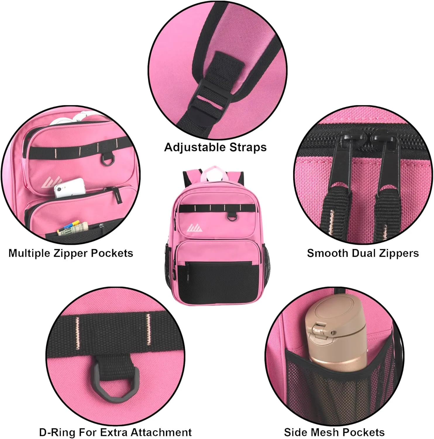 Summit Ridge Travel Backpack for Men and Women, Spacious Work Daypack with Water Bottle Pockets (Pink)