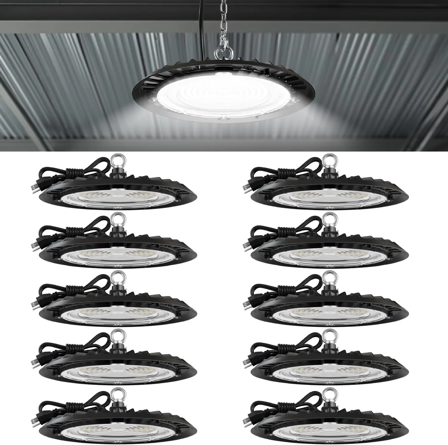 Sunco 10 Pack UFO LED High Bay Light, Shop Lights for Warehouse, Plug & Play, 19500 LM, 150W, 4000K Cool White, Power Cord Included, IP65 Waterproof Shatterproof Fixture UL.