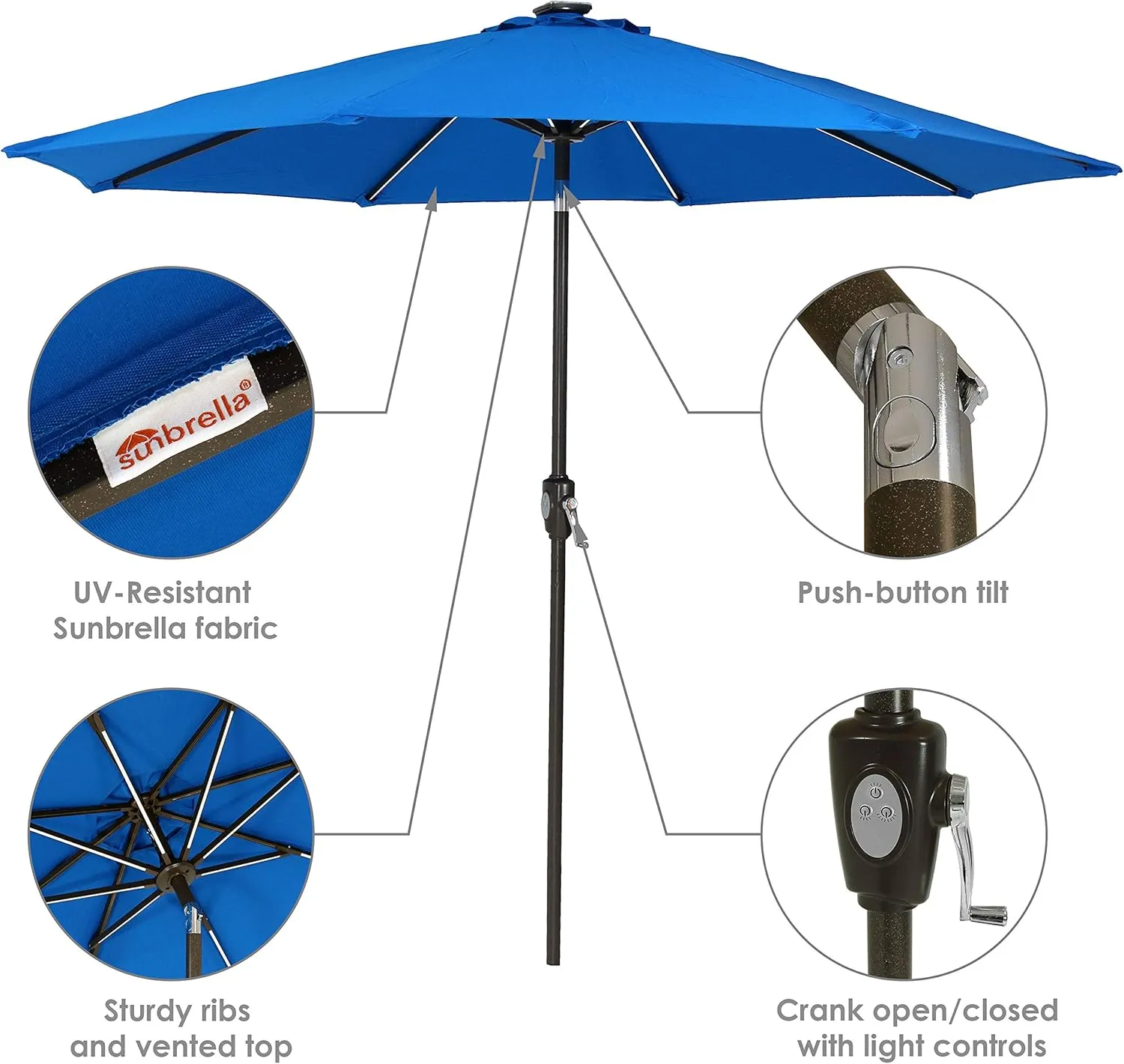 Sunnydaze 9-Foot Sunbrella Tilting Patio Umbrella with Solar LED Light Bars - Pacific Blue