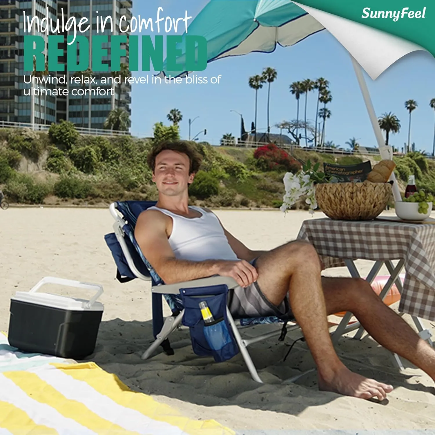 SunnyFeel Backpack Beach Chairs for Adults, Folding Low Beach Chairs Heavy Duty 5 Position Lay Flat Reclining with Cup Holder,Pillow,Cooler Bag for Sand/Outdoor/Lawn, Portable Camping Chair