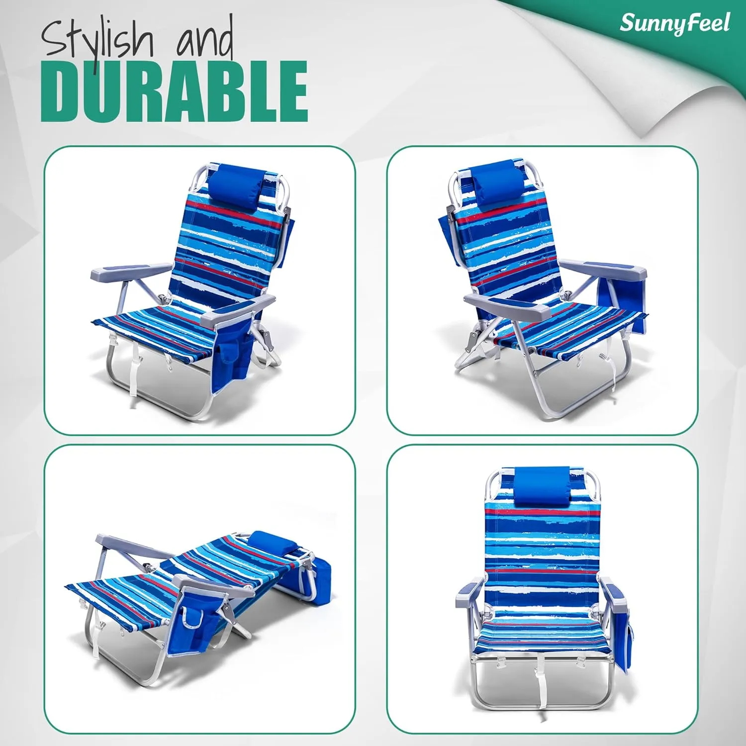 SunnyFeel Backpack Beach Chairs for Adults, Folding Low Beach Chairs Heavy Duty 5 Position Lay Flat Reclining with Cup Holder,Pillow,Cooler Bag for Sand/Outdoor/Lawn, Portable Camping Chair