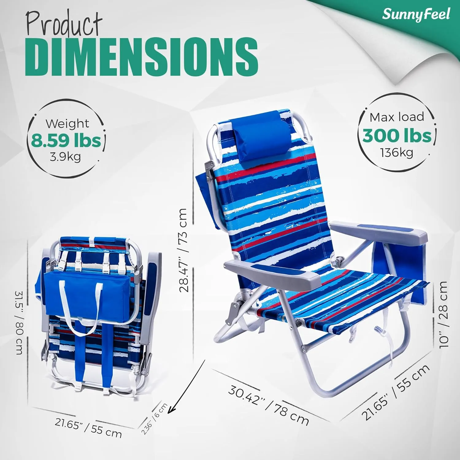 SunnyFeel Backpack Beach Chairs for Adults, Folding Low Beach Chairs Heavy Duty 5 Position Lay Flat Reclining with Cup Holder,Pillow,Cooler Bag for Sand/Outdoor/Lawn, Portable Camping Chair