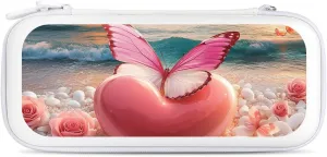 Sunset Beach Heart Rose Butterflies Compatible with Switch Carrying Case Hard Travel Game Bag Pouch with 15 Games Accessories