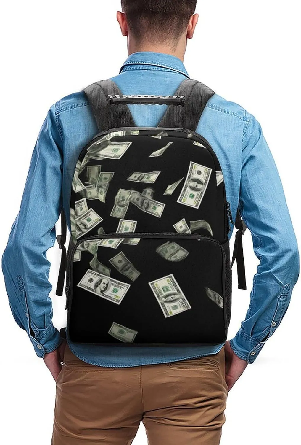 Supdreamc Lightweight Daypack Backpack for Trekking Work Running - Big Capacity Multipurpose Anti-Theft Bookbag, Falling Money American Bill Dollars Business Computer Bag